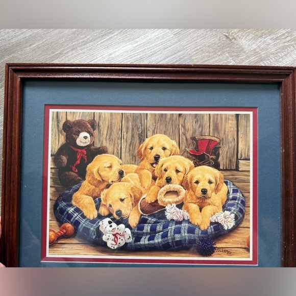 VTG 97 Linda Picken Dog Puppy Frame Drawing Reprint Golden Retriever Teddy Bear - Picture 2 of 5